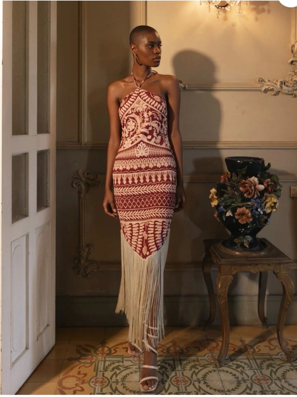 Red Patterned Halter Midi Dress with Cream Fringe